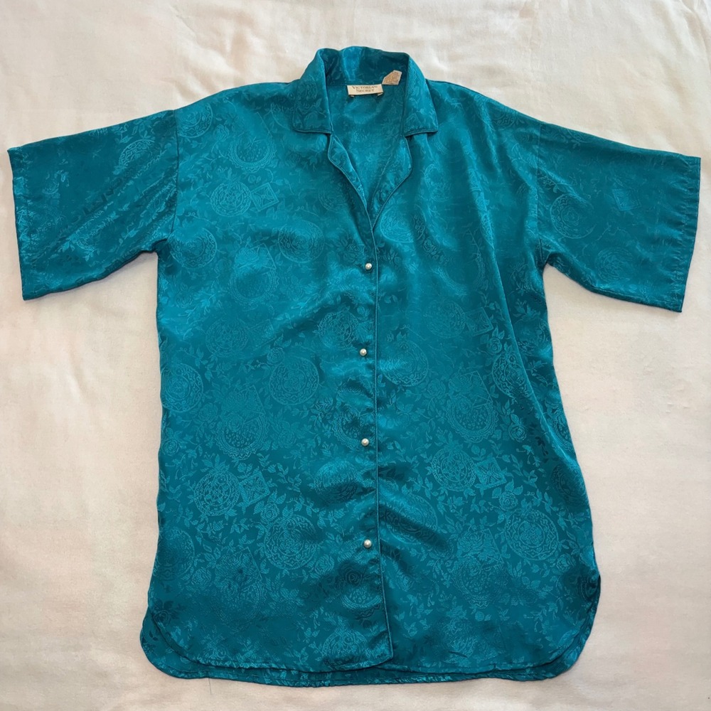 Victorias Secret Gold Label Teal Floral Jacquard Sleep Dress Top Petite S VTG